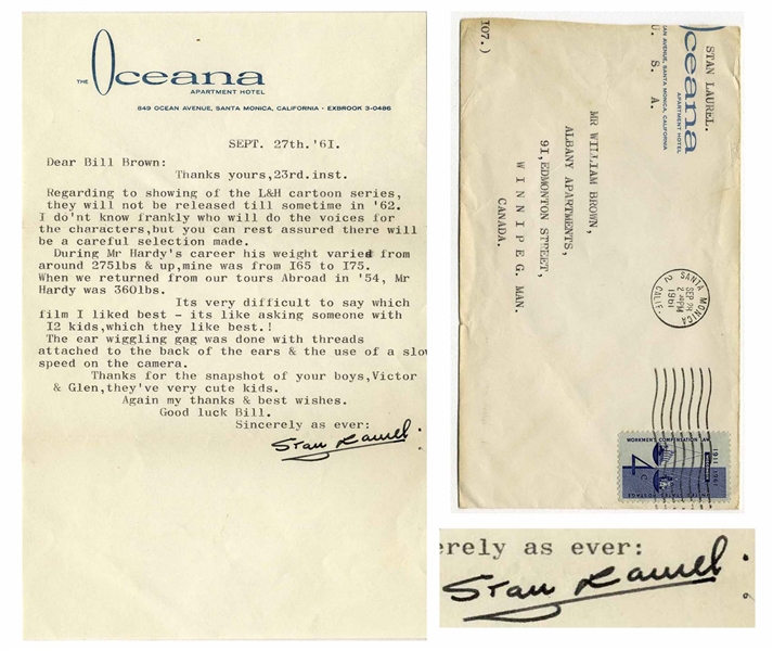 Stan Laurel Letter Signed With His Full Signature, Stan Laurel -- ...Its very difficult to say which film I liked best - its like asking someone with I2 kids, which they like best!...